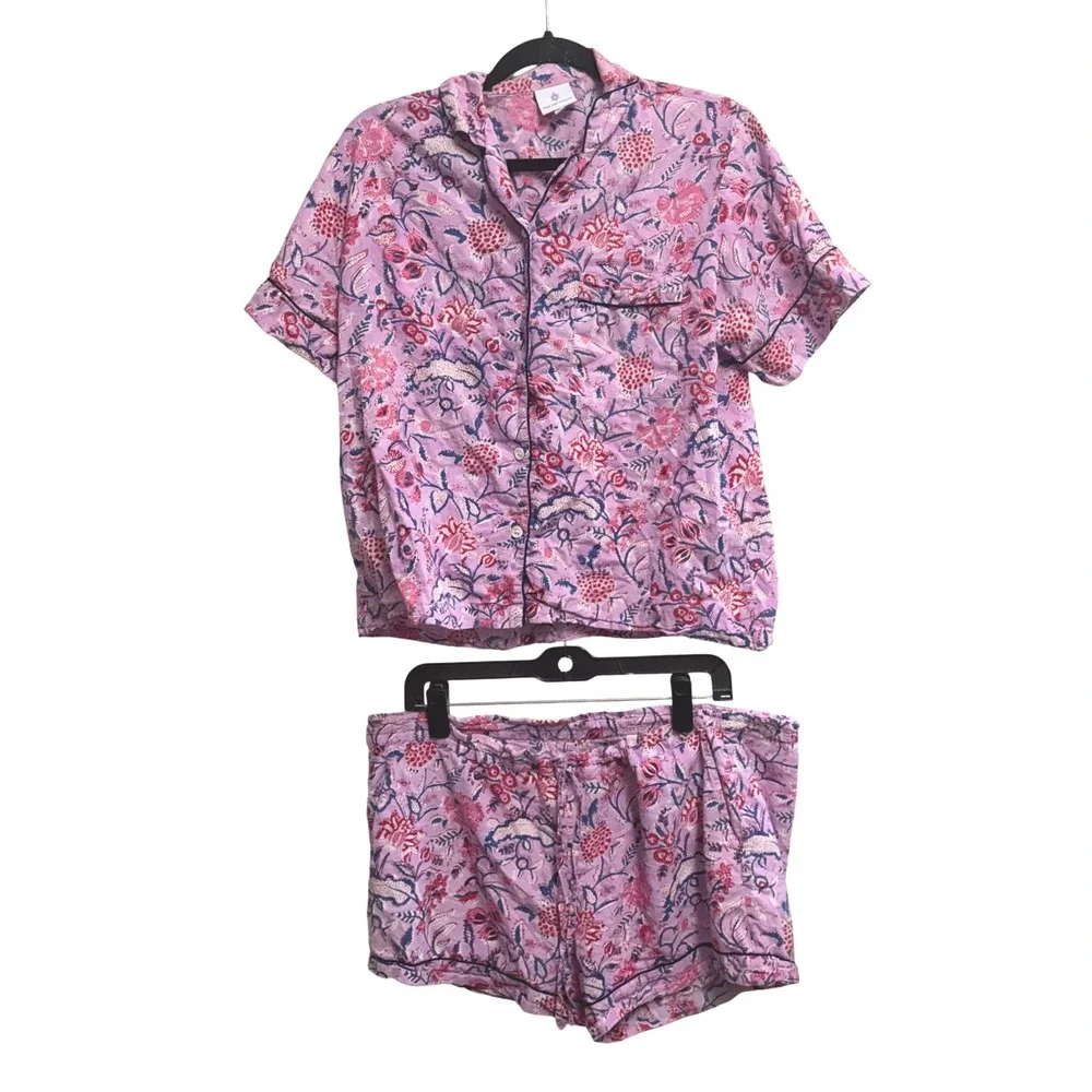 Pax Philomena Hand Block Print Floral Pink Cotton Pajama Set Shorts Large L